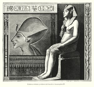 Estátua sentada e relevo do antigo faraó egípcio Akhenaten (Amenhotep IV) (litho) de Spanish School