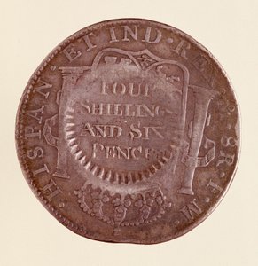 Moeda de prata (8 reais) de Espanha: reinado de Carlos III (1759-1788). 1777 com a contra-medida de 1787. Diam. 3,9 cm Nápoles, museo archeologico de Spanish School