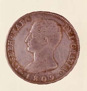 Moeda de prata (douro ou piastra) de Espanha: reinado de José Napoleão (1808-1813). 1809 Diam. 4 cm Nápoles, museo archeologico de Spanish School