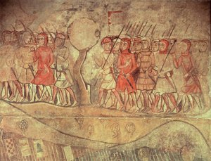 Soldados do exército do rei James I (1208-76) um grupo de soldados de infantaria com arcos e lanças, detalhe de um mural do antigo Palácio Reale, Barcelona (pintura mural) de Spanish School