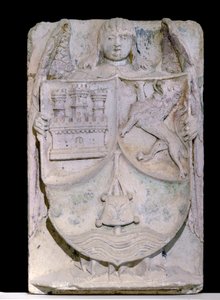 Piso espanhol do século XIV: brasão de Castela e Leão, o bastão de pelerin evoque São Jacques de Compostela, conservado na abadia cisterciense de Fontenay, Borgonha (Brasão de Castela e Leão, Espanha) de Spanish School