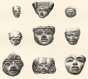Cabeças de pedra e máscaras encontradas em Teotihuacan, México por Desiré Charnay durante sua expedição em 18801883 de Spanish School