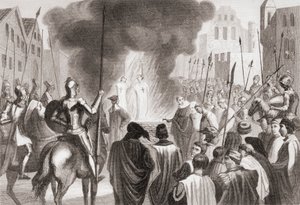 Templários a serem queimados na fogueira (litografia) de Spanish School