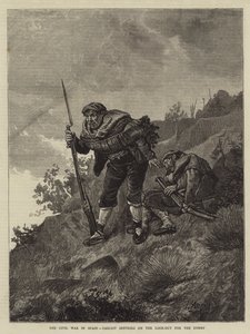 A Guerra Civil em Espanha, Carlist Sentries on the Look-Out for the Enemy (gravura) de Spanish School