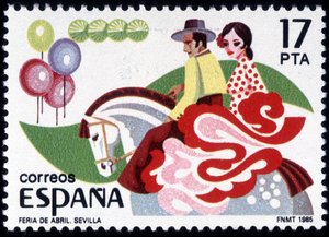 A Feria de Sevilha: casal em traje popular a cavalo - selo espanhol de Spanish School