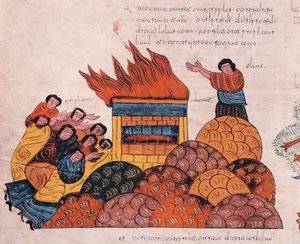 O Profeta Elias reza no Monte Carmelo para que o Deus de Israel seja vindicado perante os sacerdotes de Baal e que o fogo caia do céu (I Reis 18), fol.145v., Da Bíblia Visigodo-moçárabe de São de Spanish School