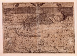 O levantamento da Catalunha ou a guerra dos colhedores (1640-1659), o quartel-general de Barcelona por mar e terra pelas tropas de Filipe IV de Espanha (1605-1665). Gravura de 1652. Museu de História da Cidade, Barcelona. de Spanish School