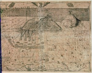 O cerco da cidade de Barcelona pelas tropas do rei Filipe IV durante a Guerra dos Ceifadores de 1640-52 (gravura) de Spanish School