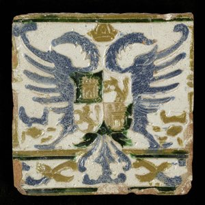 Azulejo com os Braços de Leão e Castela, 1525 (louça de barro) de Spanish School
