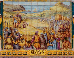 Telhas representando o desembarque de Hamilcar e seu filho Hannibal em Akra Leuce durante a Primeira Guerra Púnica (264-241 aC) (cerâmica) de Spanish School
