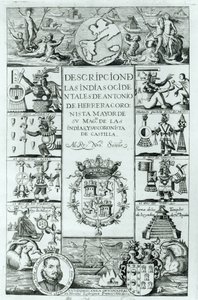 Página de rosto de Descrição das Índias Ocidentais por Antonio de Herrera y Tordesillas, edição de Madri, 1725 de Spanish School