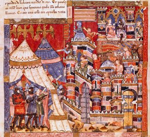 Guerra de Tróia: a cidade de Tróia e o acampamento grego. Detalhe de uma miniatura do manuscrito espanhol "Codex Benito de Santa Mora". de Spanish School