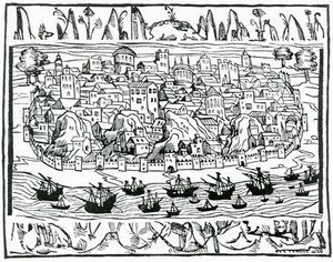Vista, de, lisboa, de, libro, de, Grandezas, y, cosas memorando de espanha, por, Pedro, medina, 1548 de Spanish School