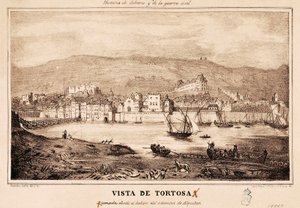 Vista da cidade de Tortosa na Espanha, em "História de Cabrera e a Guerra Civil" de Damaso Calbo y Rochina de Castro de Spanish School