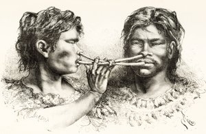Índios Witoto ou Huitoto, povos indígenas do sudeste da Colômbia e norte do Peru, tomando rapé de Spanish School