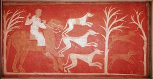 cena de caça que retrata cães correndo atrás da caça. 1150. Fresco da ermida de Baudelio de Berlanga, Soria. Conservar no Museu do Prado. de Spanish School