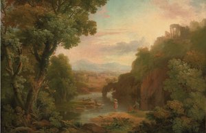 Uma paisagem clássica com pescadores e uma lavadeira, uma villa no topo de uma colina e montanhas mais além de Sr. George Barret