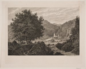 Paisagem montanhosa com uma igreja