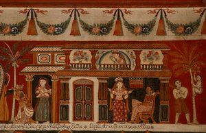 Pintura de parede retratando uma casa cingalesa no Templo Subdharama, Dehiwala (mural) de Sri Lankan School