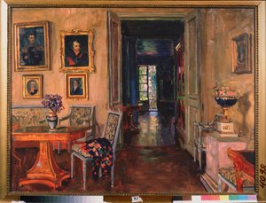 O interior do casarão Brasovo. Pintura de Stanislav Yulianovich Zhukovsky (1873-1944), óleo sobre tela