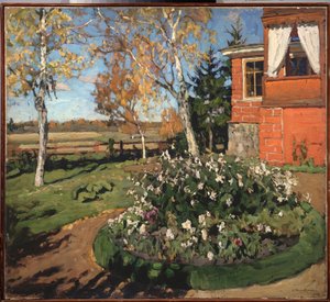 Um apartamento florido (em frente de uma casa e de uma paisagem campestre). Pintura de Stanislav Yulianovich Zhukovsky (Zhukovsky) (1873-1944), óleo sobre tela