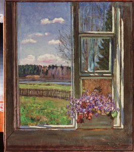 Violetas em frente da janela. Pintura de Stanislav Yulianovich Zhukovsky (Zhukovsky) (1873-1944), óleo sobre tela 1931. Arte russa, século XX, arte moderna. Museu Estatal de Arte, Dnepropetrovsk (Ucrânia).