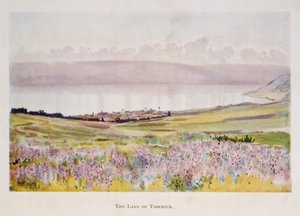 Aquarela de Stanley Inchbold, retratando o Mar da Galileia, na Palestina, 1906