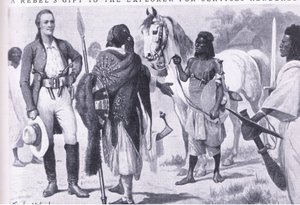 Um presente de rebeldes para o explorador de serviços prestados, ilustração fromCassells Romance de famosas vidas, c.1940 de Stanley L. Wood