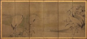 Guindastes e crisântemos, período Momoyama ou Edo, 1568-1
