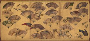 Tela com leques dispersos, período Edo, início do século XVII.