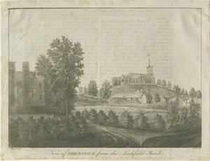 Igreja e vila de Shenstone: gravura em água-tinta, 1792 de Stebbing Shaw