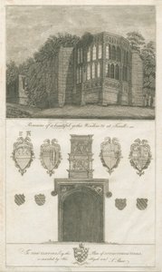 Tixall Hall - janela gótica e antiguidades heráldicas: gravura, nd [1762-1802] (impressão) de Stebbing Shaw