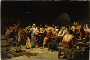 Os Gladiadores Antes de Uma Aparição na Arena. Os patrícios romanos visitam e avaliam o físico dos gladiadores antes da luta, as mulheres lisonjeiam e felicitam os lutadores. Pintura por Stepan (