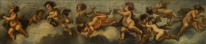 Putti divertindo, c.1655-72 (papel colocado sobre tela com proteção de vidro) de Stefano (after) Magnasco