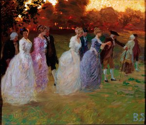 O regresso do palácio Jovens elegantes que regressam de um evento mundial (festa ou recepção) (Regresso do palácio) Pintura de Stefano Baghino (1881-1920) genes, Galleria d