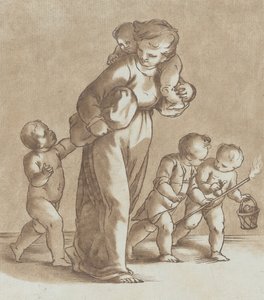 Uma jovem caminha para a esquerda com um bebê no ombro e segurando outro..., ca. 1780.