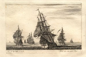 Um barco de velas enfunadas rodeado por outros barcos de Stefano della Bella