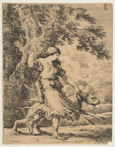 Uma Ninfa segurando um cão grande pela coleira, ca. 1654. de Stefano della Bella