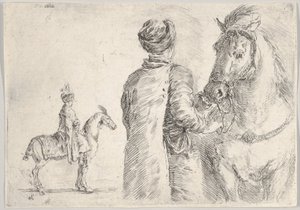 Um criado polonês, visto de trás, segurando a rédea de um cavalo à direita, um cavalo polonês..., ca. 1662.