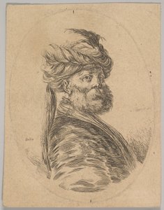 Um turco de barba e turbante com uma longa pena na frente, virou três quartos..., 1650.