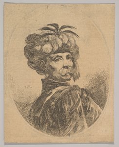 Um turco de bigode, usando um turbante decorado com cinco penas de garça, turne..., 1650.
