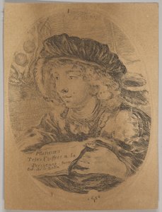 Um busto de um jovem de boné com penas, virado três quartos para a esquerda, o ..., 1650. de Stefano della Bella