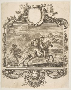 Um cavaleiro e uma dama a cavalo, dentro de uma borda ornamentada decorada com frutas ec ..., ca. 1655 de Stefano della Bella