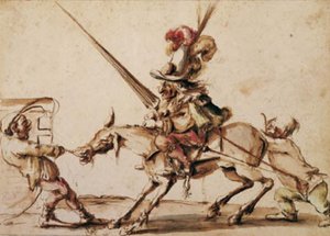 Um anão corajoso em uma mula inquieta sendo puxado para um torneio por dois outros anões de Stefano della Bella