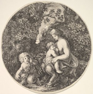 Uma sátira do sexo feminino amamentando uma criança para a direita, virada para a esquerda, uma criança sátira ..., 1639. de Stefano della Bella