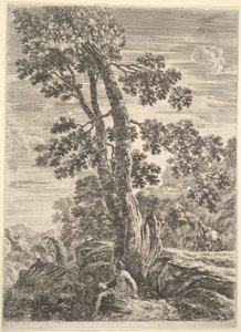 Um pescador no centro de frente para a esquerda e encostado a uma árvore grande, uma mulher caminhando ..., ca. 1652-57. de Stefano della Bella