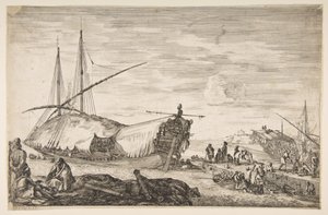 Uma galera coberta de velas para a esquerda, seis canhões e quatro pessoas para a esquerda em primeiro plano, uma ..., 1655. de Stefano della Bella