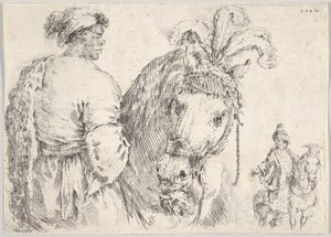 Um homem à esquerda de perfil dando um punhado de feno a um cavalo ao centro, um cavaleiro a..., ca. 1662. de Stefano della Bella