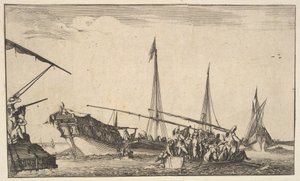 Um barco a remos cheio de homens à direita, um navio com homens descendo em um barco a remos para a esquerda ..., 1639. de Stefano della Bella