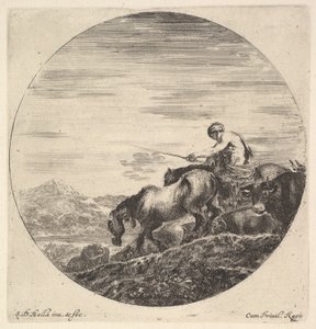 Um pastor à direita, virado para a esquerda, dirigindo um grupo de animais ladeira abaixo, uma corrida redonda ..., ca. 1643-48. de Stefano della Bella